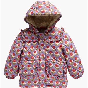 Mini Boden Kids' Floral Hooded Puffer Jacket with High Pile Fleece Lining 2-3y